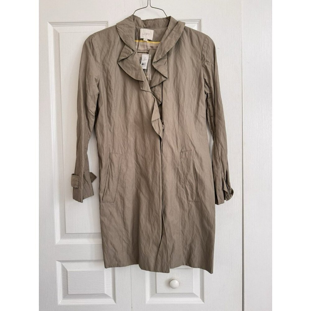 LOFT Taupe Ruffle Collar Trench Coat Lightweight Chic Jacket Womens L - Picture 2 of 7